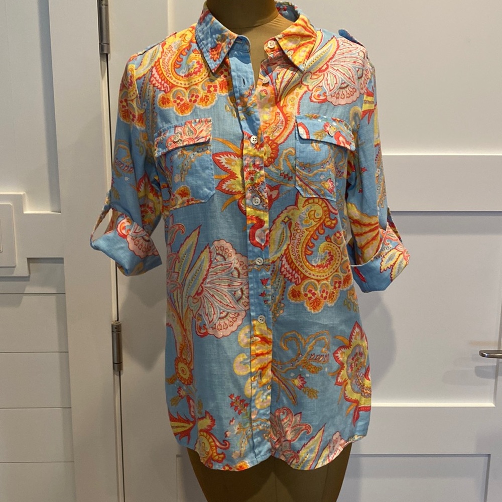 J. McLaughlin Linen Printed Shirt Blouse Sz 10